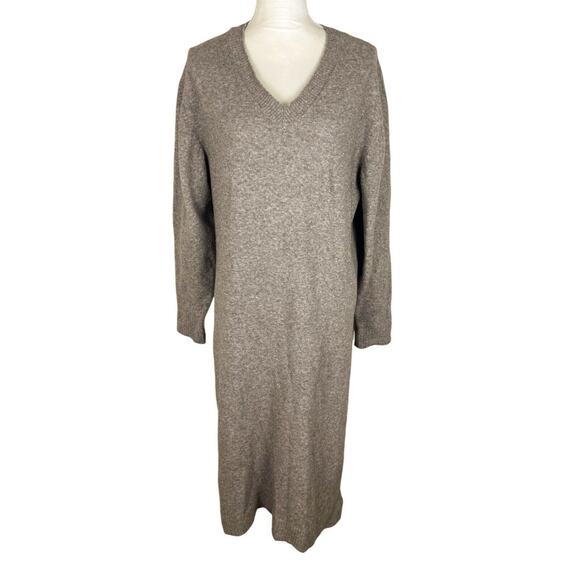 WEEKDAY Ellen V-Neck Knit Dress Light Brown Ribbed Long Sleeve Slit Size Small - Picture 4 of 11